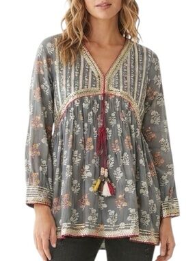 BOHO Blue Floral Metallic Embroidered Beaded Tassel Tunic Blouse Tops M
